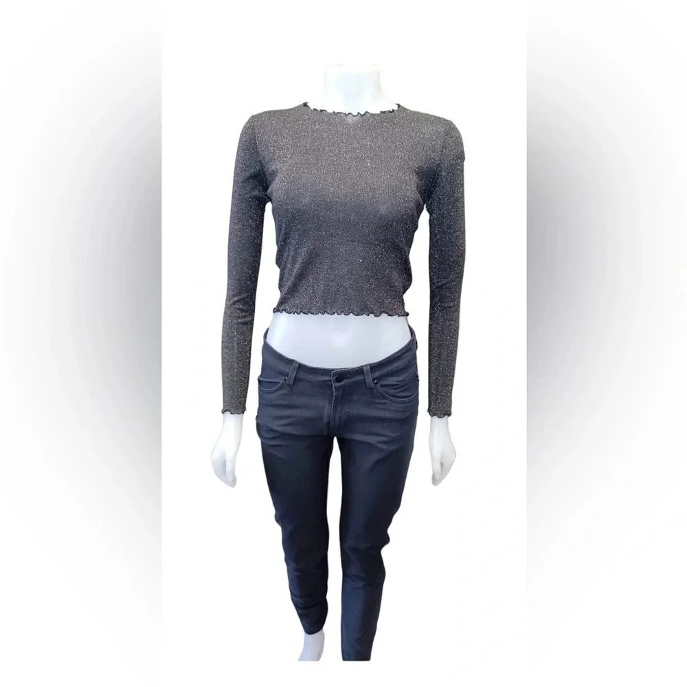 Sunday Best Black & Metallic Long Sleeve Crop Top  Size XS